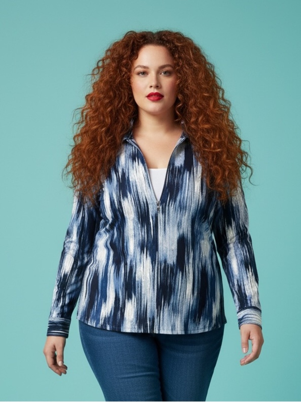 Foxcroft Blue Watercolor Long Sleeve Cotton Blouse Plus Size 18W
